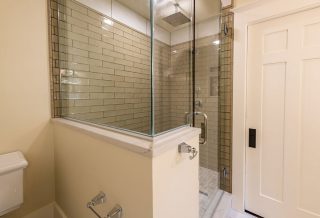 Champaign IL bathroom remodel, bungalow style, with contemporary tile.
