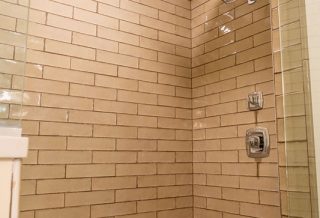 Champaign IL bathroom remodel, bungalow style, with contemporary tile.