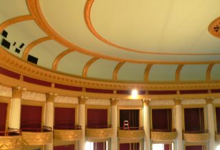 Ceiling and scrolled pillar tops restoration in Orpheum Auditorium historic preservation project in Champaign IL