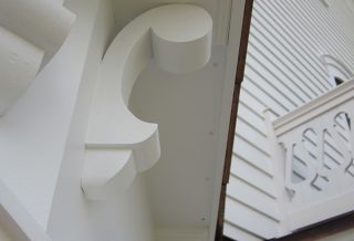Restored trim, part of energy efficient exterior siding and trim restoration of an historic farmstead in Mahomet, IL.